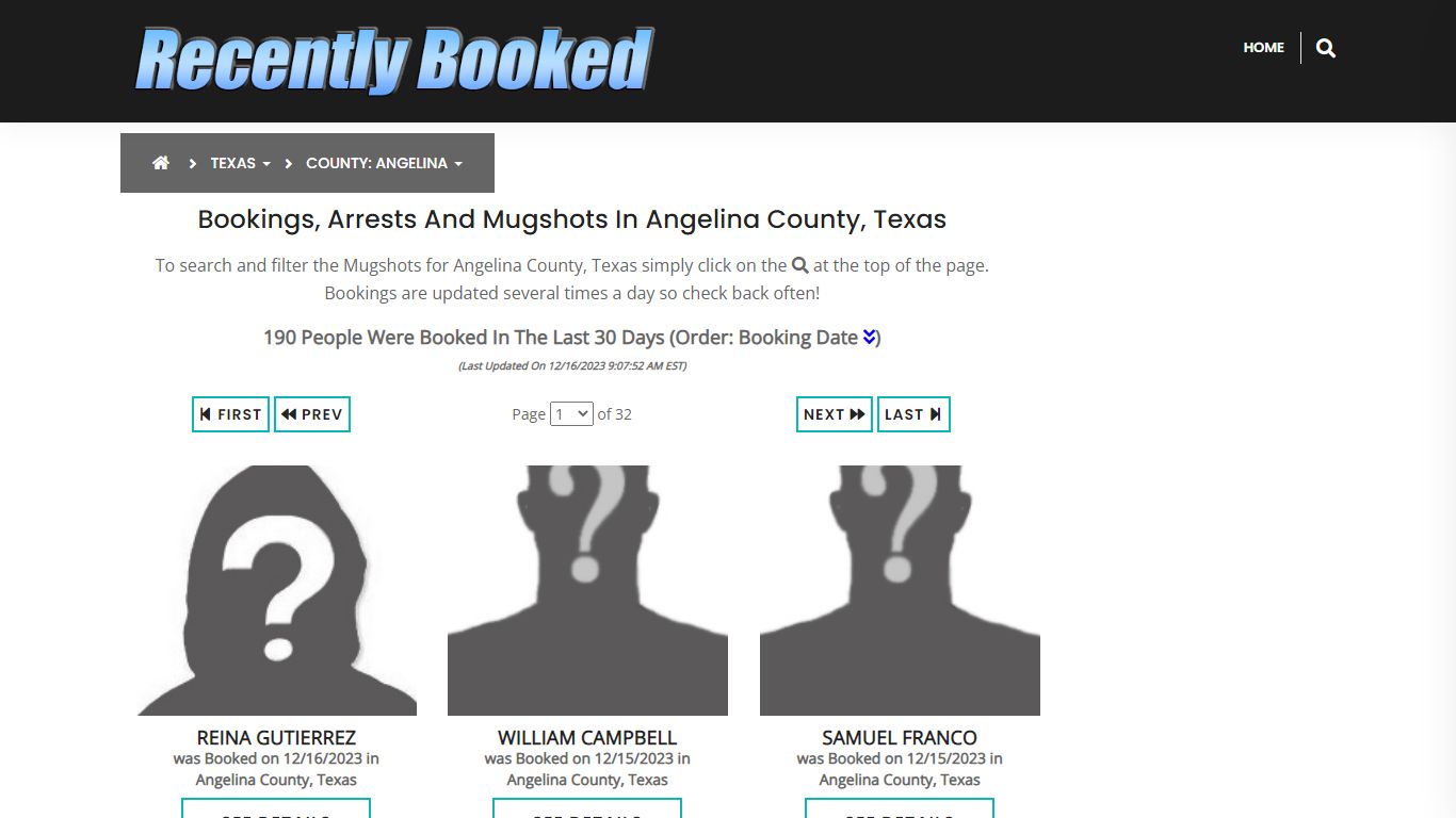 Bookings, Arrests and Mugshots in Angelina County, Texas - Recently Booked